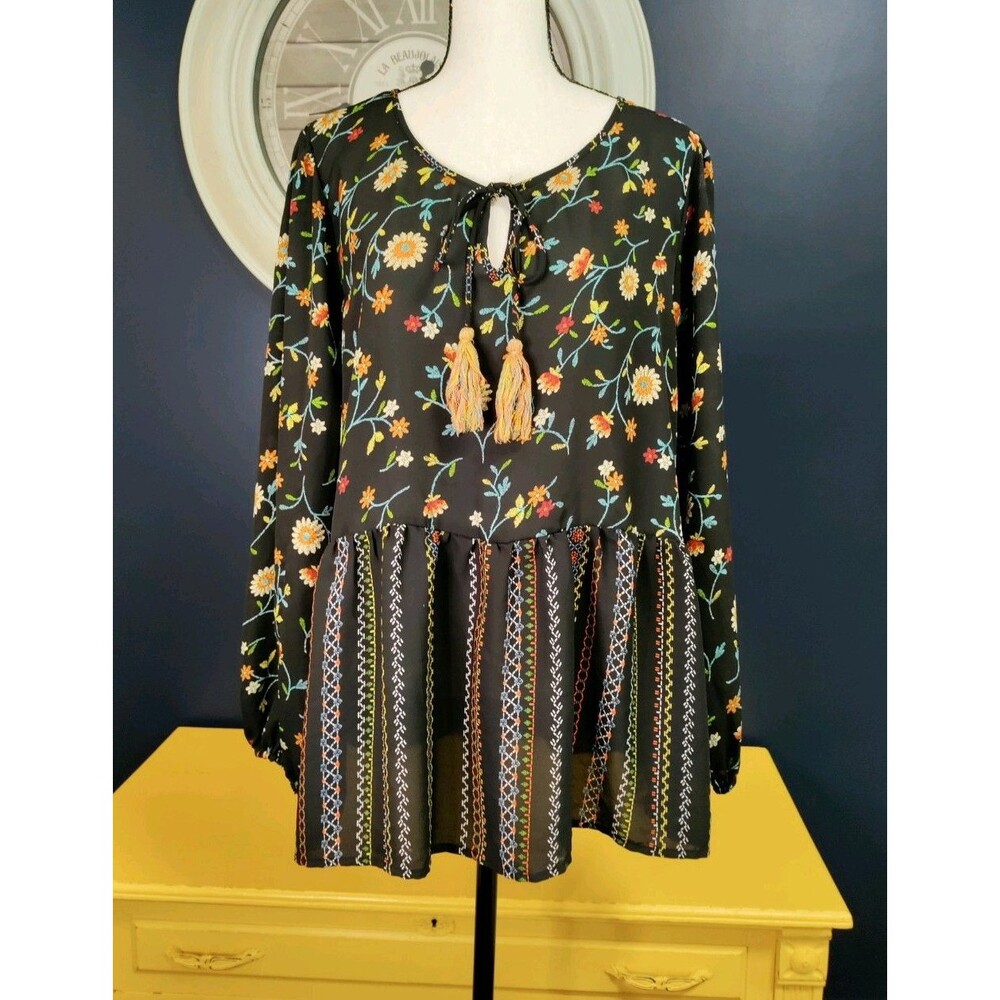 Chenault Babydoll Blouse Top Size XL Black Floral Boho Peasant Flowy Cottagecore